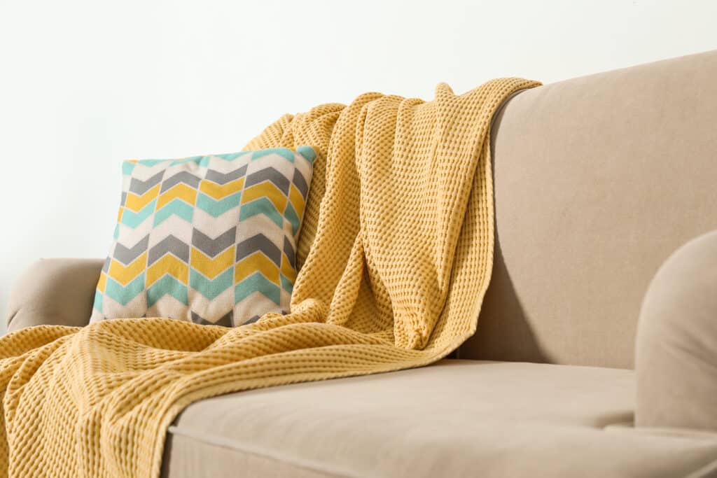 Cozy sofa with pillow and plaid near light wall. Idea for living room interior design